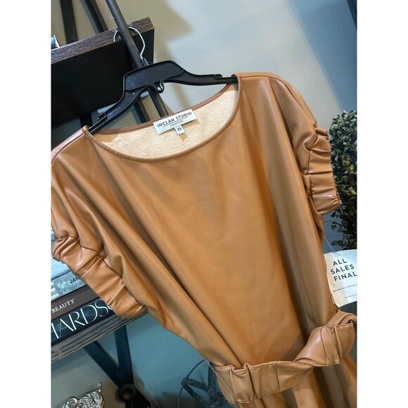 INCLAN STUDIO Millie Faux Leather Mini Dress TAN BROWN Butterscotch Womens Size - Picture 4 of 9